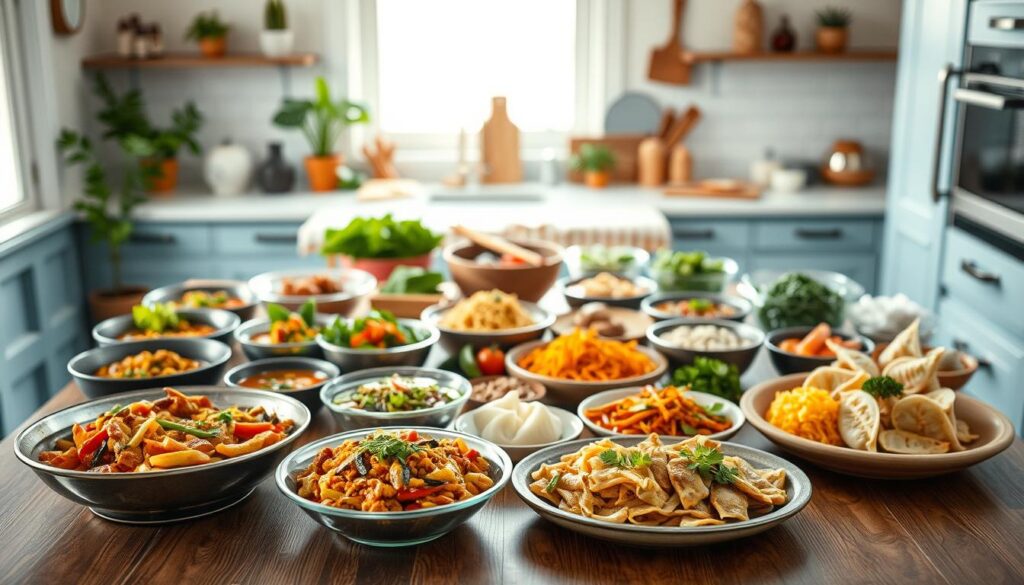 A visually striking spread of diverse Asian cuisines meticulously prepared for meal prepping. In the foreground, an array of vibrant dishes - sizzling stir-fry, fragrant curries, and delicate dumplings - arranged on a wooden table with a clean, minimal aesthetic. In the middle ground, a variety of fresh ingredients, from crisp vegetables to aromatic herbs, are neatly organized, hinting at the bold flavors to come. The background features a cozy, light-filled kitchen with soft blue accents, conveying a sense of warmth and culinary inspiration. The overall scene is captured through a slightly elevated camera angle, creating a sense of depth and emphasizing the diversity and balanced composition of this Asian-inspired meal prep spread.