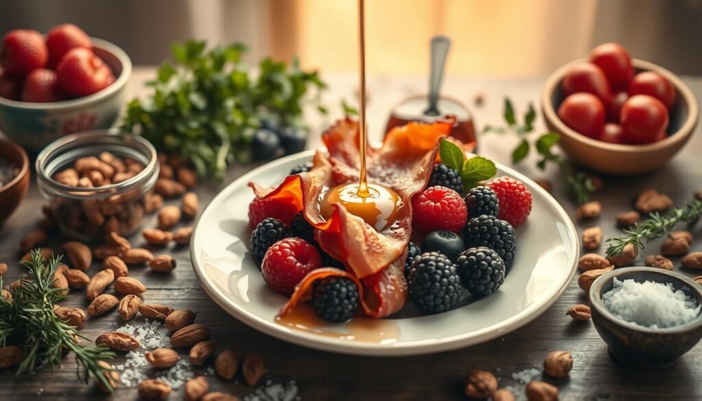 A visually striking still life arrangement showcasing a bold fusion of sweet and savory flavors. In the center, a plate holds an artful display of contrasting textures and hues - juicy berries, crisp bacon, and a drizzle of honey. Surrounding the plate, an assortment of complementary ingredients are thoughtfully arranged, including fresh herbs, roasted nuts, and a sprinkle of sea salt. The scene is bathed in warm, natural lighting that accentuates the depth and vibrancy of the palette. The overall composition conveys a sense of harmony, inviting the viewer to savor the interplay of flavors.