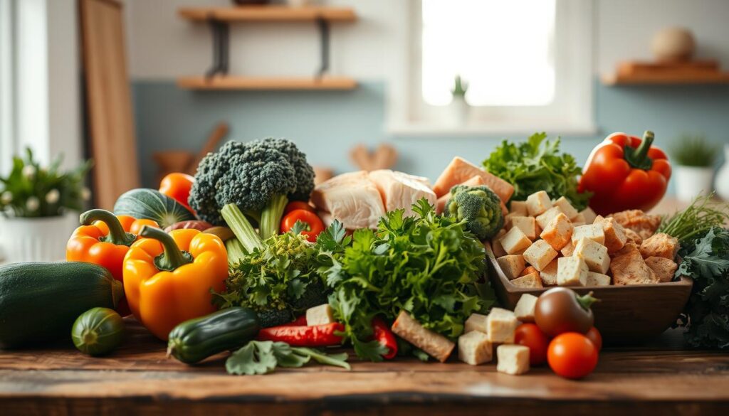 A visually striking still life arrangement showcasing a variety of colorful, nutrient-dense vegetables and high-quality protein sources. In the foreground, a vibrant assortment of bell peppers, zucchini, broccoli, and leafy greens are artfully arranged on a rustic wooden table. The middle ground features various cuts of lean chicken, salmon fillets, and tofu cubes, highlighting the diversity of protein options. Soft, natural lighting filters in through a nearby window, casting a warm, inviting glow over the scene. The background is kept minimal, with simple wooden shelves and a light blue accent wall, allowing the vibrant colors and textures of the food to take center stage. The overall composition evokes a sense of balance, health, and culinary inspiration.