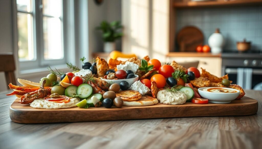 A visually stunning Mediterranean-inspired mezze platter, elegantly arranged on a rustic wooden table in a cozy, minimal kitchen. Vibrant olives, creamy hummus, tangy feta, crunchy cucumber slices, and colorful cherry tomatoes create a captivating mosaic of flavors and textures. The soft, diffused natural light from a nearby window casts a warm glow, accentuating the intricate patterns and hues of the presented dishes. Wooden accents and light blue accents provide a harmonious backdrop, inviting the viewer to savor the mouthwatering scene.