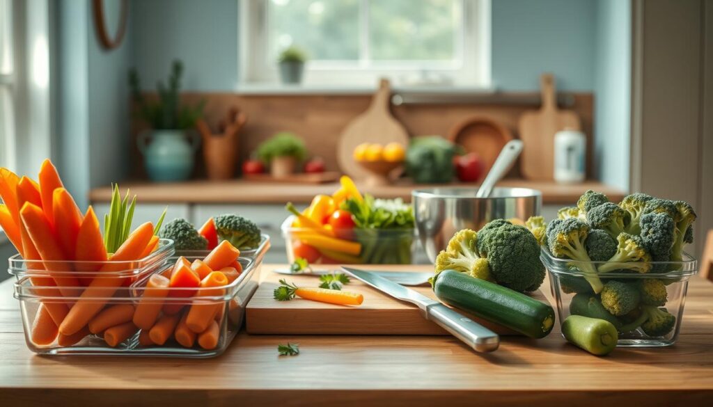 A visually stunning and nutritious rainbow veggie meal prep in a cozy, minimal kitchen with warm wooden textures and light blue accents. In the foreground, an assortment of vibrant vegetables - carrots, bell peppers, broccoli, and zucchini - are neatly arranged in compartmentalized glass containers. The middle ground features a wooden cutting board with a sharp chef's knife, a few fresh herbs, and a stainless steel mixing bowl. In the background, sunlight streams through a large window, casting a soft, natural glow over the scene. The overall atmosphere is one of calm, intentionality, and a celebration of the beauty and nutrition within these rainbow-hued ingredients.