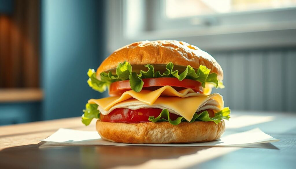 A warm, golden-crusted sandwich sits center frame, its filling peeking out invitingly. Crisp lettuce, juicy tomato, and thick-sliced turkey layered with melted cheese create a mouthwatering centerpiece. Subtle hints of herbs and spices accent the composition, elevating the flavors. The sandwich is bathed in soft, natural light filtering through a nearby window, casting gentle shadows that add depth and dimension. The simple, uncluttered kitchen backdrop, with its muted blue tones and clean, minimal aesthetic, allows the sandwich to take center stage, the star of this high-protein, flavor-boosted lunchtime creation.