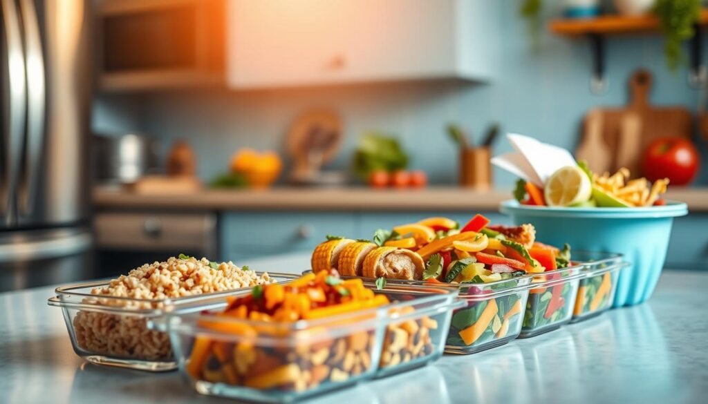 A warm, inviting kitchen filled with the vibrant colors and flavors of Mexican cuisine. In the foreground, neatly arranged containers showcase a variety of delectable meal prep options - hearty rice and beans, tender chicken with vibrant spices, and a colorful salad bursting with fresh vegetables. The mid-ground features stainless steel appliances and a wooden cutting board, while the background is dominated by light blue accents and warm, natural lighting casting a cozy glow over the scene. This image captures the essence of easy, office-friendly Mexican meal prep, perfect for the busy professional seeking a flavorful, aromatic lunch.