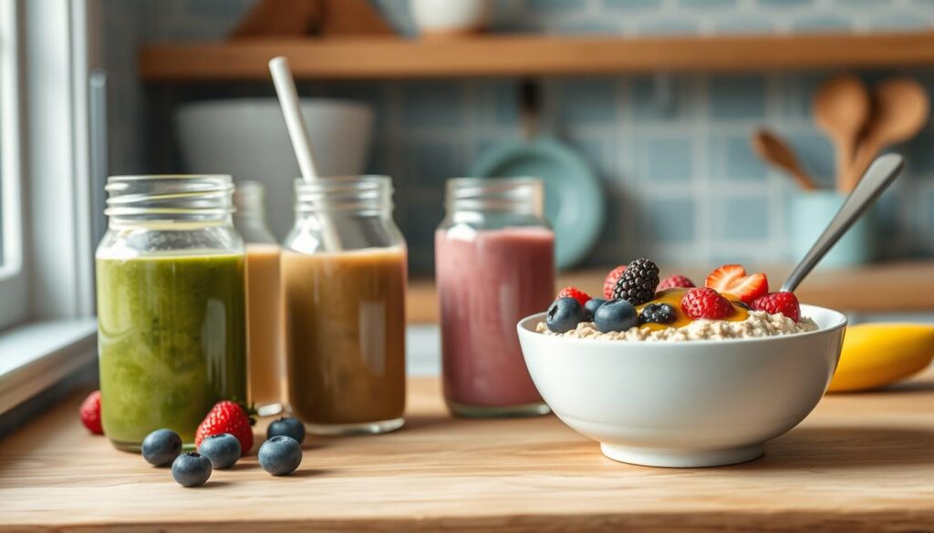 A warm, inviting kitchen scene featuring a wooden countertop laden with nutrient-rich smoothies in glass jars and a bowl of steaming oats topped with fresh berries and a drizzle of honey. Soft, natural lighting illuminates the scene, highlighting the vibrant colors and textures of the healthy breakfast items. The minimal decor, with light blue accents, creates a calming, serene atmosphere, perfect for a nourishing start to the day. No human hands are present, allowing the focus to remain on the mouthwatering display of wholesome, homemade breakfast options.