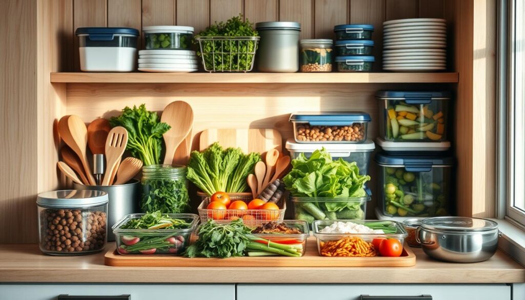 A warm, inviting kitchen setting with natural wooden textures, accented by gentle light blue hues. Neatly arranged containers, utensils, and fresh ingredients convey a sense of organization and preparedness. Crisp greens, vibrant veggies, and a variety of meal-prepped dishes take center stage, showcasing the bounty of a well-stocked pantry. The scene exudes a calming, purposeful atmosphere, inspiring efficient meal planning and a streamlined lunch-packing routine. A minimal, uncluttered composition emphasizes the core elements of a successful meal prep routine.