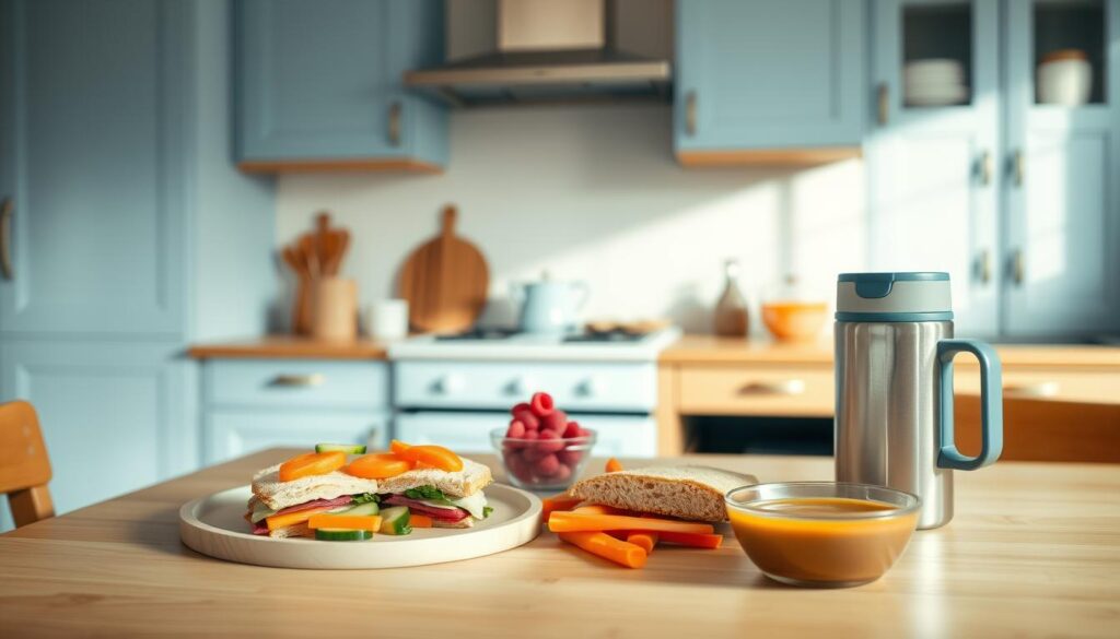A warm, inviting kitchen with wooden countertops and light blue cabinets. On the table, an array of colorful, kid-friendly lunch items: a sandwich with cut-out shapes, carrot and cucumber sticks, a small bowl of berries, and a thermos of warm soup. The lighting is soft and natural, creating a calm, homely atmosphere. In the background, a simple, minimalist setting with no distractions, allowing the vibrant lunch items to take center stage.