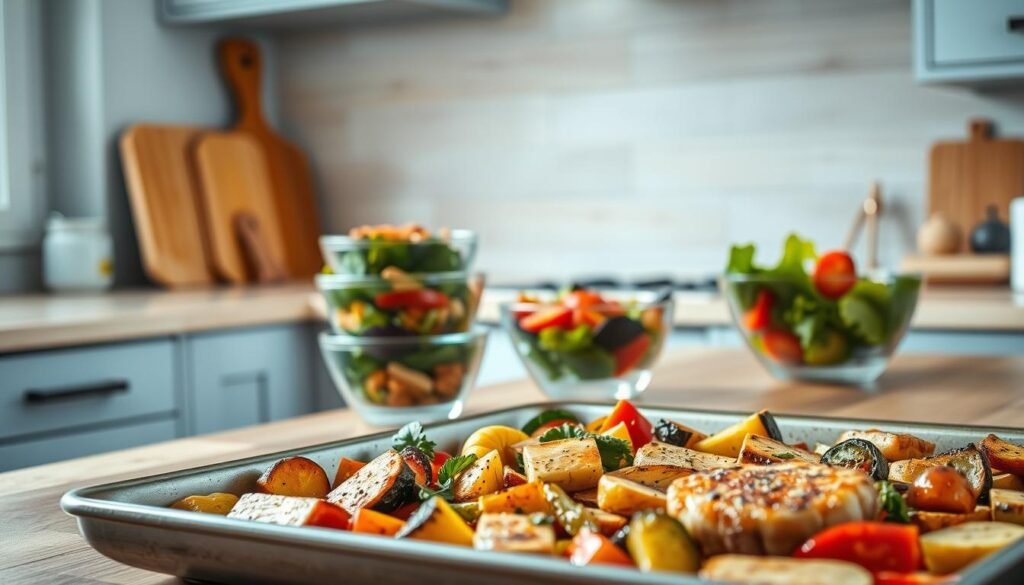 A warm, inviting kitchen with wooden textures and light blue accents, showcasing a variety of easy-to-prepare weeknight dinner options. In the foreground, a sheet pan filled with roasted vegetables, lean protein, and seasoned with herbs. In the middle ground, a stack of colorful, nutritious salads in glass bowls. The background features a minimalist, clutter-free counter space, with a few kitchen essentials like a cutting board and a glass of water. The scene is bathed in soft, natural lighting, conveying a sense of simplicity and efficiency for busy families seeking healthy, one-pan meal solutions.