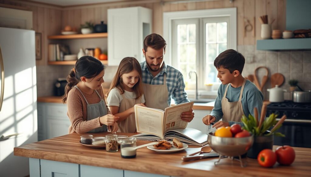 A warm, inviting kitchen with wooden textures and light blue accents. On the counter, a family gathers around a recipe book, discussing and customizing traditional dishes to suit their preferences. Gentle natural light filters through the windows, casting a soft glow on the scene. Measuring cups, spices, and fresh ingredients are arranged neatly, hinting at the culinary experimentation taking place. The atmosphere is one of collaboration and shared experience, as the family works together to create a personalized meal that will delight their tastes.