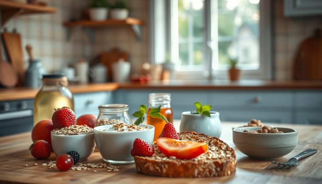 A warm, sun-dappled kitchen with wooden countertops and light blue accents. In the foreground, a selection of wholesome breakfast ingredients - fresh fruit, oats, yogurt, and a rustic slice of whole-grain toast. Arranged artfully, yet casually, evoking a sense of nourishment and ease. The middle ground showcases a gleaming glass jar of honey, a sprig of mint, and a small ceramic bowl of nuts, all bathed in soft, natural lighting. In the background, a hint of a window overlooking a verdant outdoor scene, suggesting the tranquility of a peaceful morning. An atmosphere of simplicity, mindfulness, and the comforting power of a low-sugar, nutrient-dense breakfast.