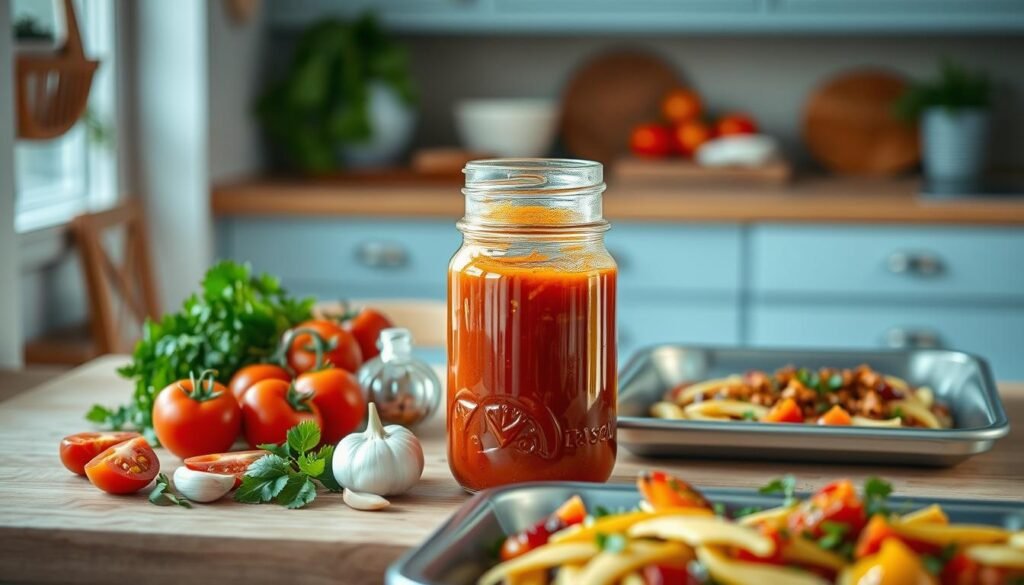 A warm-toned, minimalist kitchen with wooden countertops and light blue accents. Atop the counter, an assortment of homemade sauce ingredients - freshly chopped tomatoes, fragrant herbs, garlic, and aromatic spices. The soft, diffused lighting casts a cozy glow, emphasizing the handcrafted nature of the scene. A glass jar filled with a rich, vibrant sauce takes center stage, its contents glistening, ready to be drizzled over a sheet pan of global-inspired dishes. The arrangement conveys a sense of culinary artistry and the care taken in crafting authentic international flavors.