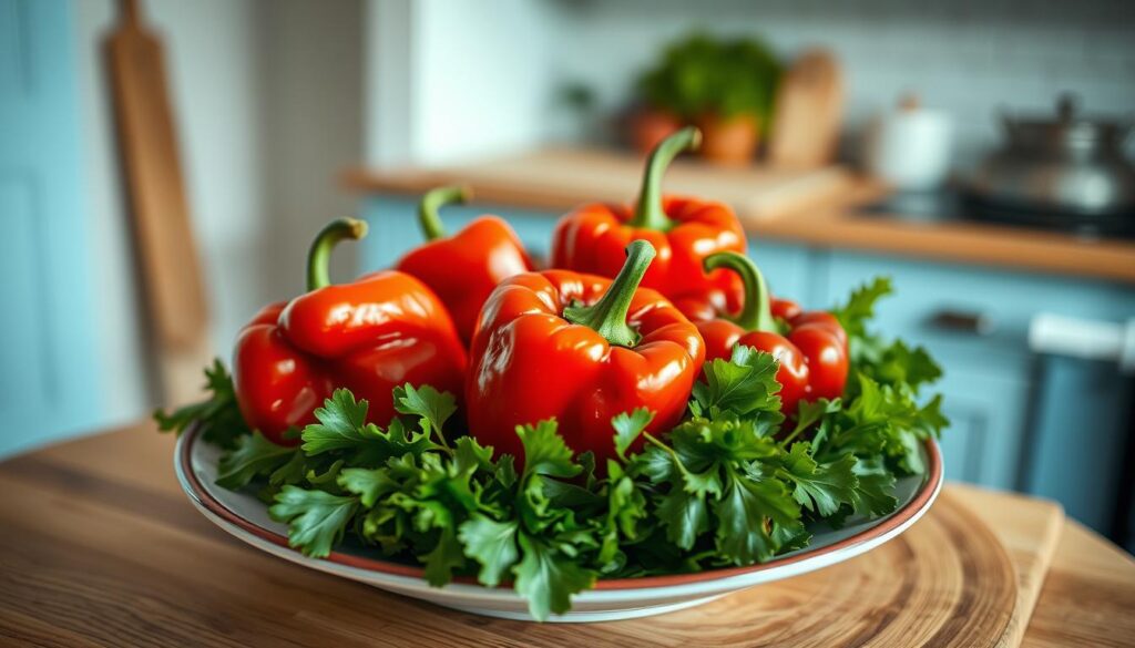 A warm, vibrant still life showcasing a plate of roasted red bell peppers, their wrinkled skin glistening, nestled among a bed of fresh, verdant leafy greens. The earthy, smoky aroma of the peppers fills the cozy, minimal kitchen, accented with light blue cabinetry and natural wooden textures. Captured from a high angle, the image evokes the nourishing simplicity of the Mediterranean diet and its heart-healthy benefits.
