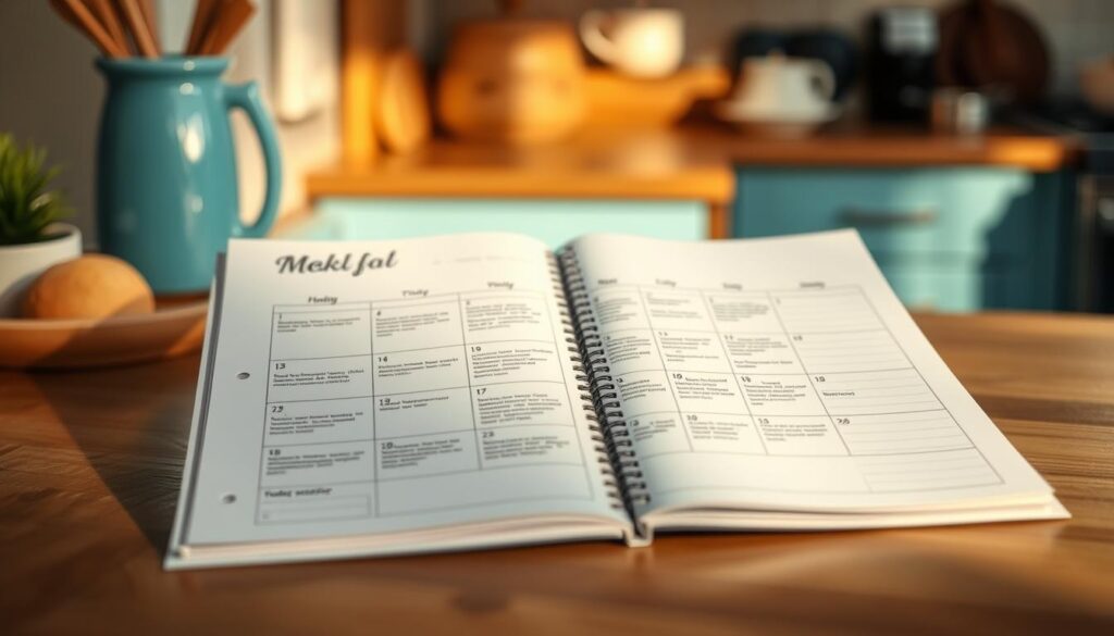 A weekly meal planning calendar neatly arranged on a wooden kitchen counter, the surface adorned with light blue accents. Crisp white pages with gridlines and space for notes are illuminated by warm, natural lighting filtering through a nearby window. The calendar lies open, showcasing different meal ideas and recipes for each day of the week, conveying a sense of organization and thoughtful preparation for the busy family cook.