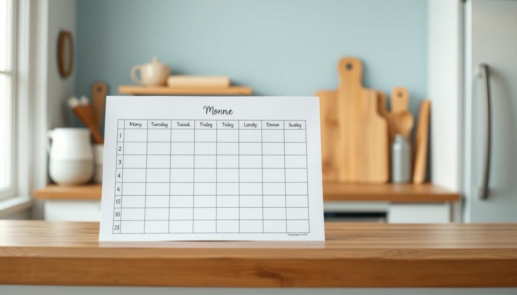 A weekly meal planning chart neatly arranged on a wooden kitchen countertop, with a light blue accent wall in the background. The chart features gridlines and column headers for each day of the week, allowing for the organized planning of breakfast, lunch, and dinner meals. The chart is hand-drawn in a clean, minimalist style, complementing the warm, cozy atmosphere of the kitchen. Soft, natural lighting illuminates the scene, creating a serene and inviting ambiance.
