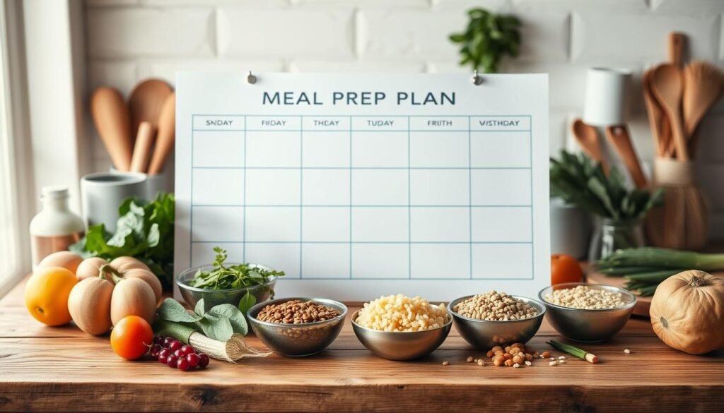 A weekly meal prep plan displayed on a wooden kitchen counter, surrounded by simple, healthy ingredients like fresh vegetables, grains, and lean proteins. The plan is neatly organized in a minimalist, light blue layout, with clear sections for each day's meals. Soft, natural lighting illuminates the scene, creating a calming, organized atmosphere to inspire meal planning for the week ahead.
