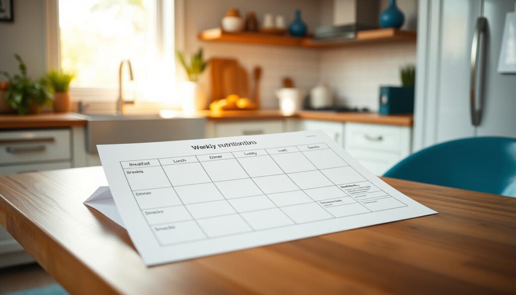 A weekly nutrition template displayed on a clean, minimalist wooden table in a cozy kitchen. The template features neatly organized sections for breakfast, lunch, dinner, and snacks, with icons and text indicating the type of meal. Soft light from a nearby window casts a warm glow, highlighting the clean lines and blue accents of the kitchen. The overall mood is one of organization, productivity, and a sense of purpose, reflecting the section title 