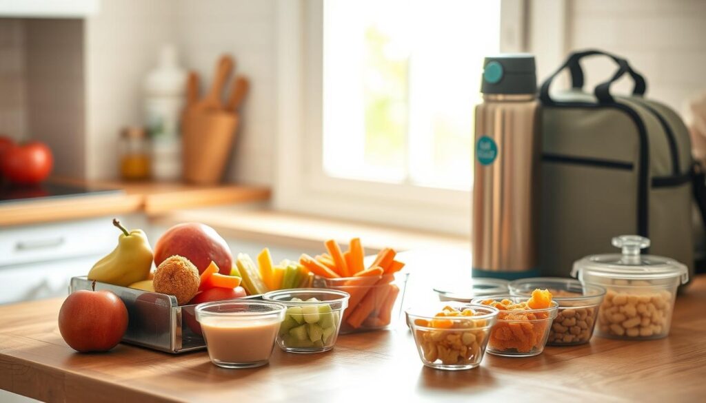 A welcoming kitchen scene with a clean, minimalist aesthetic. On the wooden countertop, an assortment of kid-friendly lunch items: vibrant fresh fruits, crunchy veggie sticks, colorful crackers, and a variety of nut-free spreads and dips in small, lidded containers. A thermos and an insulated lunch bag sit nearby, ready to keep the meal at the ideal temperature. Soft, natural lighting filters in from a window, casting a warm glow on the scene. The overall mood is one of simplicity, nutrition, and care.