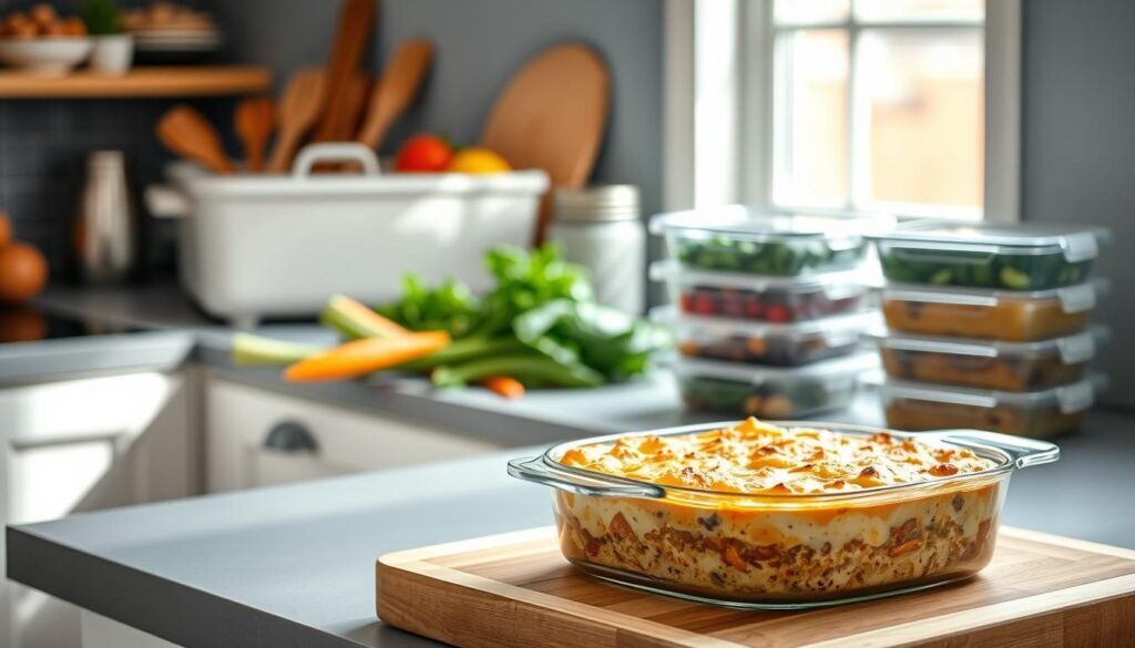 A welcoming, light-filled kitchen showcases an array of comforting casserole dishes. In the foreground, a steaming casserole sits atop a wooden cutting board, its golden-brown topping glistening. Behind it, a selection of colorful, pre-prepped ingredients - fresh vegetables, herbs, and aromatic spices - are neatly organized on the counter, hinting at the flavorful meal to come. In the middle ground, a vintage-inspired baking dish and a stack of meal-prep containers suggest the convenience and time-saving benefits of these hearty, make-ahead dinners. The soft, natural lighting and muted blue-grey tones create a cozy, inviting atmosphere, perfect for enjoying a comforting, family-style meal.