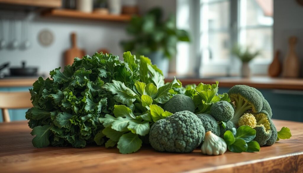 A well-balanced and vibrant composition of fresh, seasonal greens arranged artfully on a wooden table in a cozy, minimalist kitchen. Crisp kale, tender spinach, and nutrient-dense broccoli florets in varying shades of green, complemented by the warm wood tones and light blue accents. Soft, natural lighting from a window casts a gentle glow, highlighting the textures and colors of the greens. The overall scene exudes a sense of wholesome nourishment and simplicity, inviting the viewer to savor the delicious and nutritious possibilities of these seasonal produce staples.