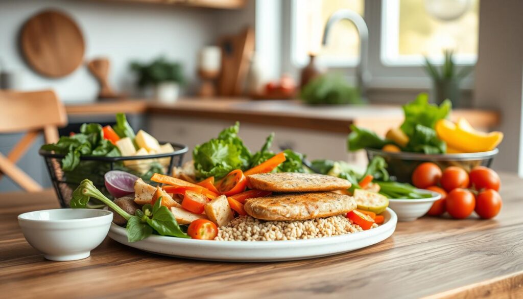 A well-balanced, nutritious dinner meal prep presented on a wooden table in a cozy, minimalist kitchen. An assortment of colorful vegetables, lean protein, and whole grains arranged with care, bathed in soft, natural lighting that highlights the textures and flavors. The scene exudes a sense of simplicity and wellness, perfectly capturing the health benefits of a thoughtfully prepared dinner for weight management.