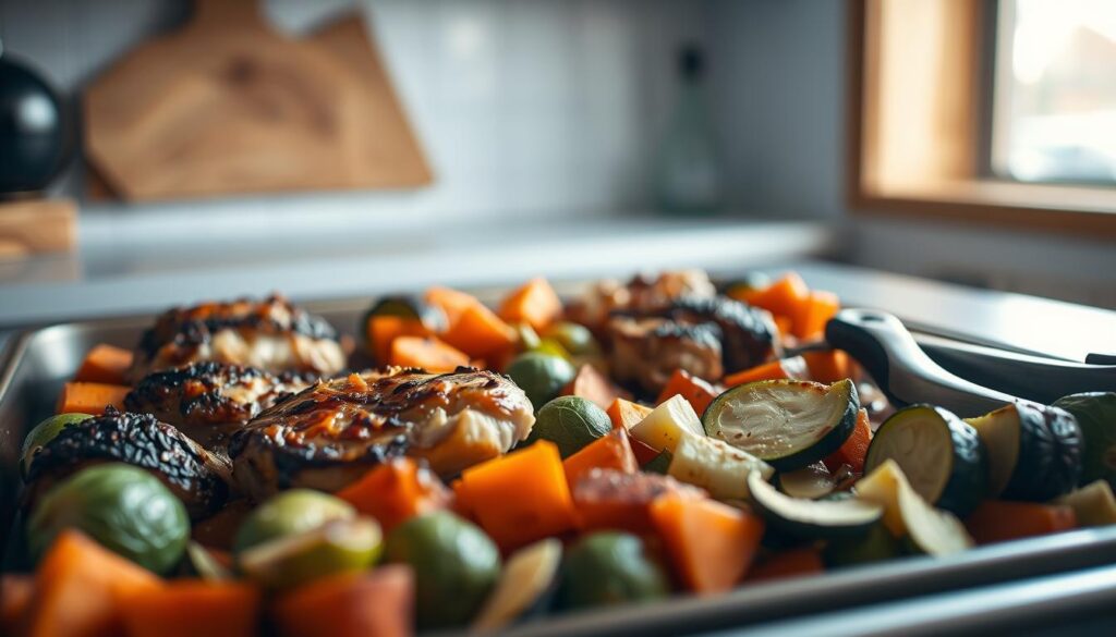 A well-balanced sheet pan meal, featuring a variety of textures and flavors. In the foreground, tender roasted chicken thighs with crisp skin, complemented by a medley of vibrant vegetables - earthy brussels sprouts, sweet potatoes, and zucchini. The middle ground showcases the harmonious arrangement, with the ingredients evenly distributed across the sheet pan. Soft lighting from overhead illuminates the scene, casting a warm, inviting glow on the modest yet sophisticated kitchen setting, with its wooden accents and muted blue tones. The overall composition conveys a sense of effortless, healthy cuisine, perfect for the 