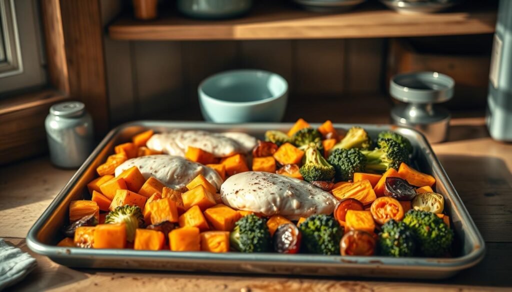 A well-balanced sheet pan meal with perfectly portioned proteins, complex carbs, and vibrant vegetables. The pan is arranged in a visually appealing, color-coordinated manner, with tender chicken breasts, roasted sweet potato cubes, and a mix of roasted broccoli, Brussels sprouts, and carrots. Soft, natural lighting from a nearby window casts a warm, cozy glow over the scene, accentuating the rustic wooden textures of the kitchen counter and shelves. Accents of light blue, such as a small bowl or dish, create a harmonious color palette. The overall mood is one of simplicity, health, and culinary care.