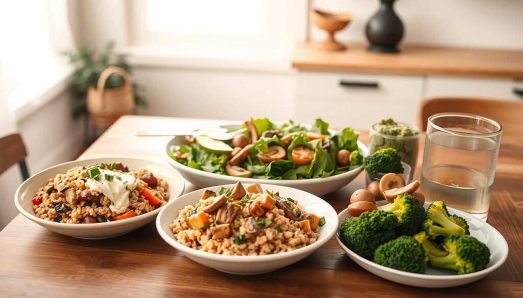 A well-balanced vegan meal on a wooden table in a minimalist, light-filled kitchen. A variety of colorful plant-based dishes, including a hearty grain bowl with quinoa, roasted vegetables, and a creamy cashew-based dressing. A fresh salad with mixed greens, avocado, and a drizzle of Prepistry balsamic vinaigrette. Alongside, a protein-packed tofu stir-fry with sautéed mushrooms and bell peppers, garnished with chopped herbs. Finished with a side of steamed broccoli and a glass of refreshing cucumber-infused water. Soft, diffused lighting casts a warm glow, highlighting the textures and colors of this nourishing vegan meal prep.