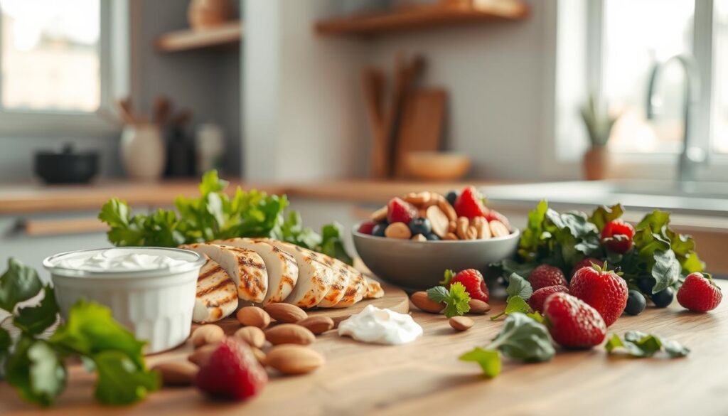 A well-lit, airy kitchen bathed in soft, natural light. On a wooden table, an assortment of high-protein ingredients stand out against the muted, minimalist backdrop: succulent slices of grilled chicken, creamy Greek yogurt, crunchy almonds, juicy berries, and nutrient-dense leafy greens. The scene exudes a sense of balance and vitality, capturing the essence of nourishing, energy-boosting fare. A 50mm lens captures the scene from a slightly elevated angle, inviting the viewer to imagine the delicious, wholesome meal that could be created from these wholesome ingredients.