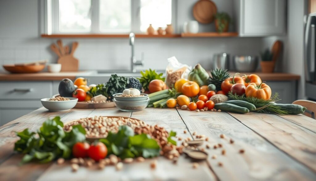 A well-lit, airy kitchen scene with a rustic, wooden table as the focal point. In the foreground, an assortment of whole food ingredients are neatly arranged, including fresh produce like leafy greens, crisp vegetables, and plump fruits. Grains, legumes, and nuts are scattered across the tabletop, conveying a sense of wholesome, clean eating. A subtle blue-gray color palette sets a soothing, minimalist tone, and the absence of hands suggests a sense of preparation and curation. The lighting is soft and natural, creating warm shadows and highlights that accentuate the textures of the ingredients. An inviting, serene atmosphere that inspires healthy, homemade meal prepping.