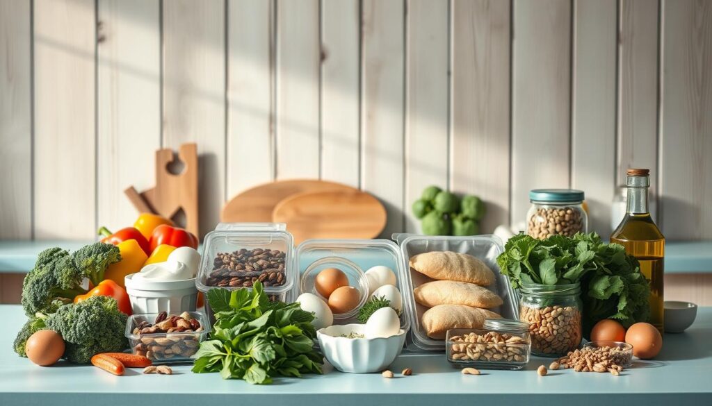 A well-lit, airy kitchen with a rustic wood-paneled backsground, featuring a selection of low-carb meal prep staples arranged neatly on a light blue countertop. The scene includes a variety of fresh vegetables like broccoli, bell peppers, and leafy greens, alongside containers of protein-rich foods such as grilled chicken, hard-boiled eggs, and Greek yogurt. A few glass jars filled with nuts, seeds, and low-sugar dried fruits add pops of color, while a bottle of olive oil and a small bowl of fresh herbs complete the natural, balanced composition. The overall mood is one of simplicity, health, and culinary inspiration.