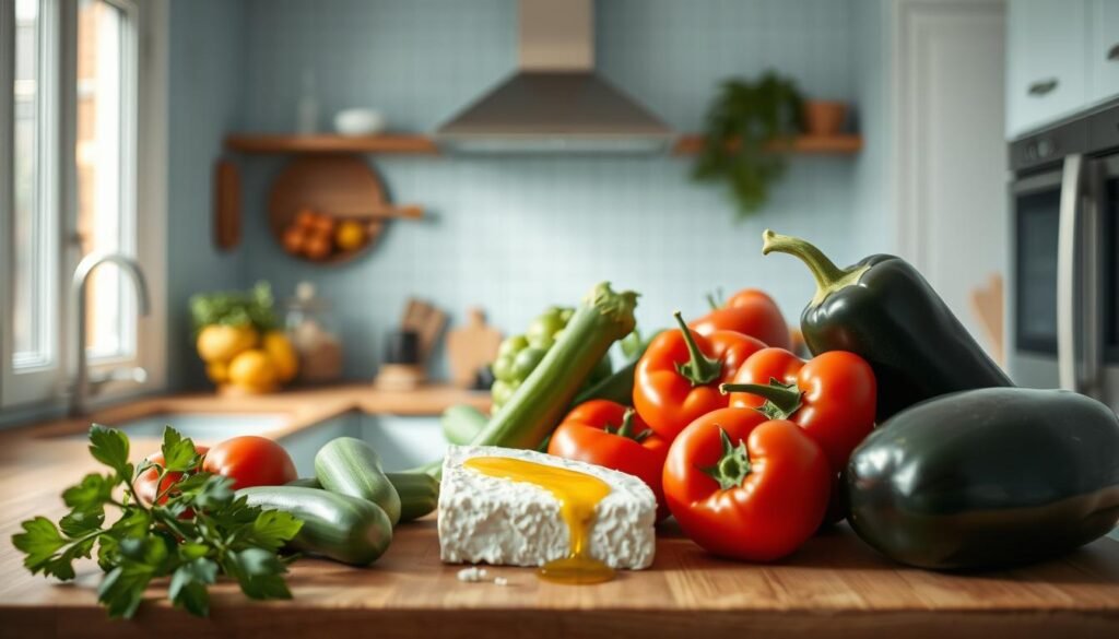 A well-lit, airy kitchen with light blue accents and a wooden countertop. On the countertop, an assortment of Mediterranean vegetables - ripe tomatoes, zucchini, bell peppers, and eggplant - arranged in a visually appealing manner. A block of feta cheese and a drizzle of olive oil complete the scene, highlighting the healthful, flavorful ingredients of the Mediterranean diet. The lighting is soft and natural, emphasizing the vibrant colors and textures of the produce. The overall atmosphere is one of simplicity, wellness, and culinary delight.