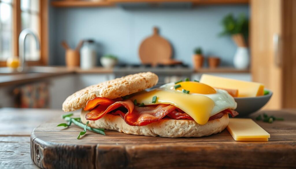 A well-lit, airy kitchen with warm wooden accents and light blue hues. On a rustic wooden surface, an assortment of breakfast sandwich ingredients: a toasted English muffin, crisp bacon slices, a perfectly cooked fried egg, a slice of melty cheddar cheese, and a sprinkle of fresh chives. The ingredients are arranged in an inviting, artful manner, capturing the essential elements of a delicious and satisfying morning meal. The scene is captured from a slightly angled perspective, emphasizing the textures and colors of the components. Soft, natural lighting illuminates the scene, creating a cozy and appetizing atmosphere.