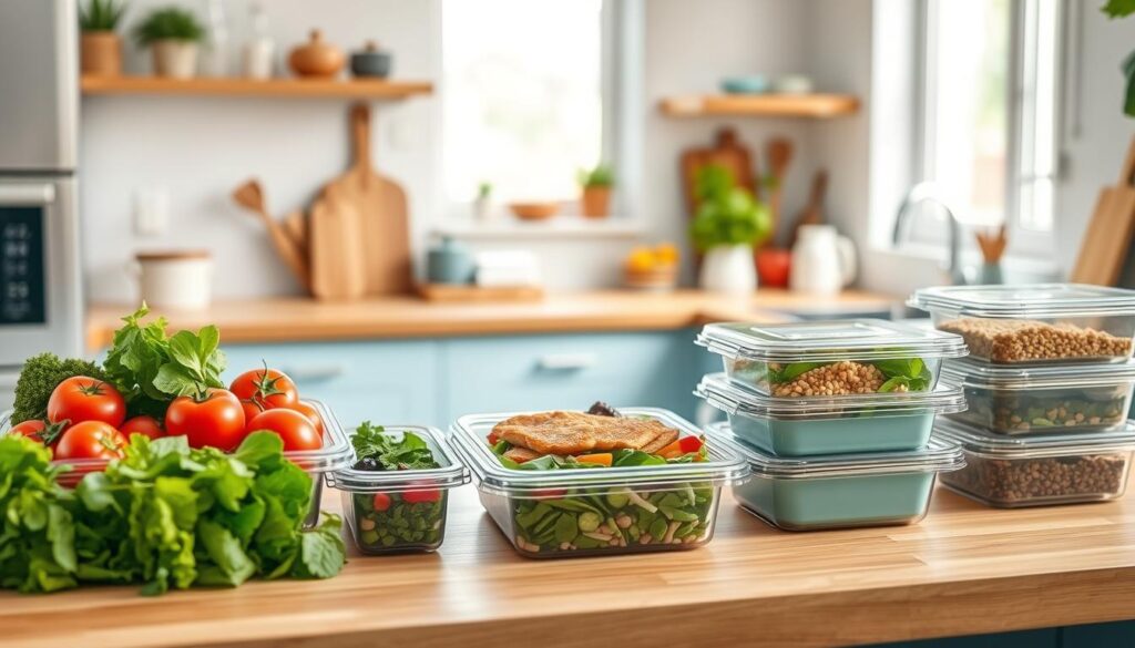 A well-lit, airy kitchen with wooden countertops and light blue accents. On the counter, an assortment of fresh, vibrant ingredients - crisp greens, juicy tomatoes, lean protein, and whole grains. Neatly arranged meal prep containers showcase the benefits of healthy dinner planning: balanced nutrition, portion control, and time-saving convenience. The scene radiates a sense of mindfulness and intentionality, inviting the viewer to embrace the rewards of a nutritious, well-prepared meal.