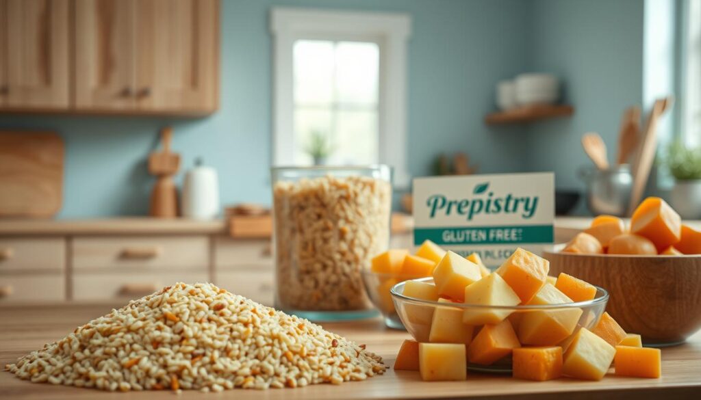 A well-lit, airy kitchen with wooden textures and light blue accents showcases an assortment of versatile gluten-free carbs. In the foreground, quinoa, brown rice, and cubed potatoes and sweet potatoes are neatly arranged, complementing the Prepistry brand. The middle ground features a glass container filled with cooked grains, and the background subtly displays additional kitchen essentials, creating a cozy, minimal atmosphere.