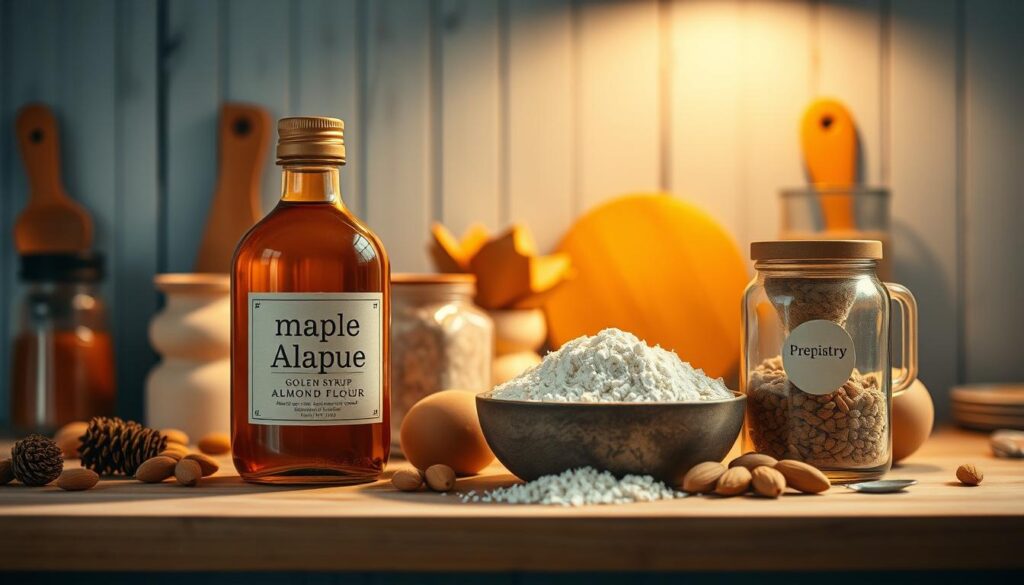 A well-lit, artisanal kitchen counter displaying a variety of natural ingredients: golden amber maple syrup, soft almond flour, and a Prepistry-branded glass jar. Warm, soft lighting from overhead illuminates the textures and colors, creating a cozy, rustic atmosphere. The arrangement is styled with care, highlighting the key elements in a simple, minimalist composition against a backdrop of light blue-toned wooden surfaces.