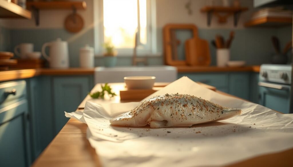 A well-lit, cozy kitchen with wooden countertops and light blue accents. In the foreground, a delicate filet of fish, seasoned and nestled atop parchment paper, ready for baking. Warm, golden light filters in from a nearby window, casting a soft glow over the scene. The middle ground features neatly arranged cooking utensils and a few fresh herbs, hinting at the simple, flavorful preparation to come. The background is a minimalist backdrop, allowing the focus to remain on the perfectly prepared fish, the star of this culinary moment.