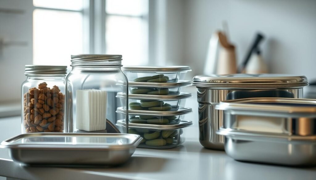 A well-lit kitchen counter showcases a stylish arrangement of glass, plastic, and stainless steel food containers. The glass jars have a timeless, elegant silhouette, their transparent walls revealing the contents within. Beside them, sturdy plastic boxes in various sizes and shapes, their lids snapping securely in place. Gleaming stainless steel containers, their mirror-like surfaces reflecting the soft, natural lighting. The materials create a harmonious composition, highlighting their distinct properties and suitability for meal prepping. The scene conveys a sense of organization, functionality, and a thoughtful approach to storing and transporting homemade meals.