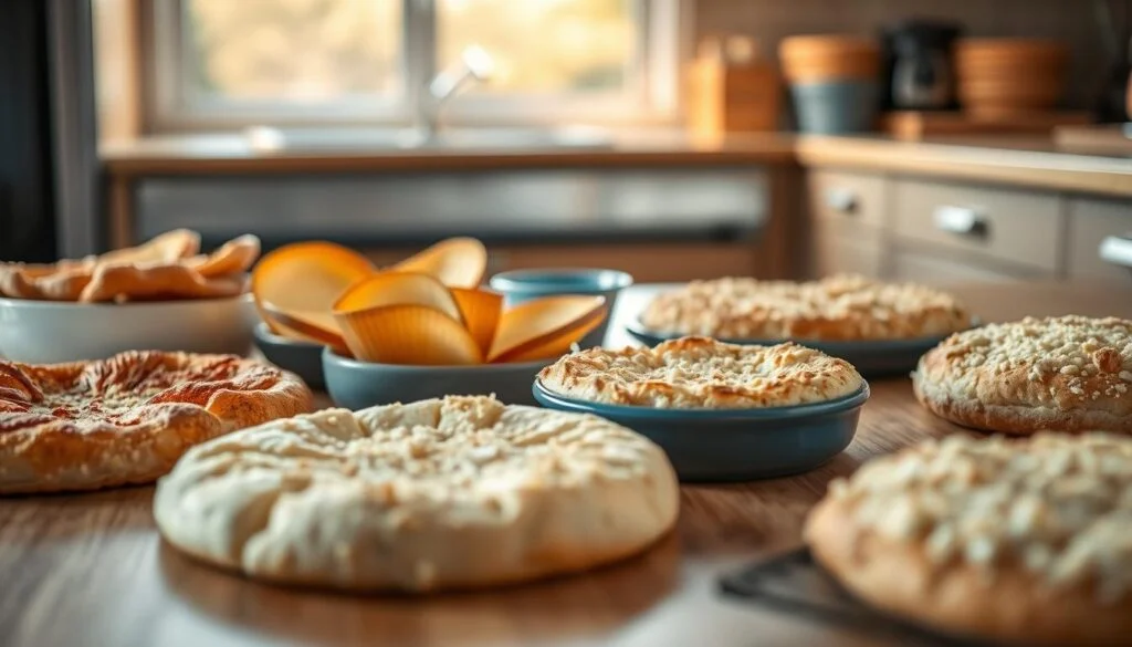 A well-lit kitchen counter showcases an enticing array of crispy baked goods. Artfully arranged golden-brown pizza crusts, flaky pastry shells, and crunchy breadcrumb-coated dishes take center stage. The soft lighting casts a warm glow, highlighting the tempting textures and subtle blue accents that complement the wooden surfaces. The composition invites the viewer to imagine the delectable flavors and satisfying crunch of these versatile crust options, perfect for crafting delicious dinner recipes or special occasion meals.