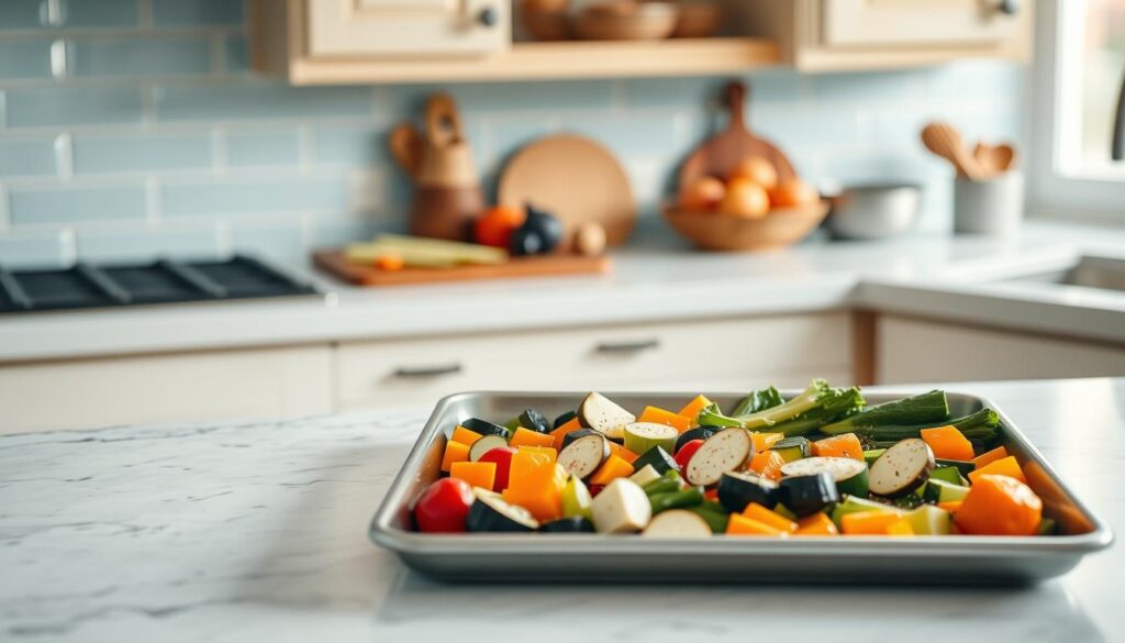 A well-lit kitchen counter with a light blue subway tile backsplash and natural wood accents. On the counter, an array of seasonal vegetables neatly arranged on a large sheet pan. Close-up shots show the steps of prepping the vegetables, including trimming, chopping, and seasoning with olive oil, salt, and pepper. The vegetables are arranged in a visually appealing manner, ready for roasting. Soft, diffused lighting creates a cozy, inviting atmosphere, highlighting the textures and colors of the fresh produce.