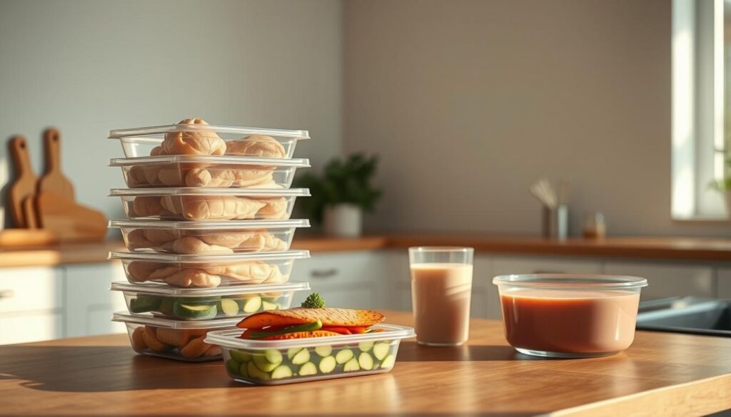 A well-lit kitchen counter with clean lines and a minimalist aesthetic. On the wooden surface, a stack of meal prep containers display various high-protein ingredients - lean chicken, grilled salmon, roasted vegetables, and a protein smoothie. The Prepistry brand logo is subtly visible in the background. The lighting is warm and natural, casting a soft glow across the scene. The overall mood is one of simplicity, health, and the benefits of a protein-rich lifestyle.