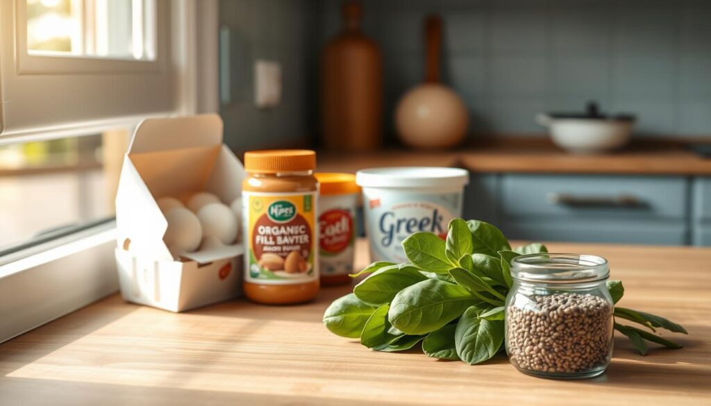 A well-lit kitchen countertop, adorned with an assortment of protein-rich ingredients: a carton of organic free-range eggs, a jar of creamy almond butter, a container of Greek yogurt, and a bundle of tender, fresh spinach leaves. A small glass jar filled with protein-rich chia seeds rests nearby, its contents catching the soft, natural light from the large window. The countertop's smooth, wooden surface provides a warm, earthy backdrop, complemented by the gentle blue undertones of the kitchen's accents. The scene evokes a sense of culinary inspiration, inviting the viewer to imagine the nourishing, high-protein meal that could be crafted from these wholesome, carefully selected ingredients.