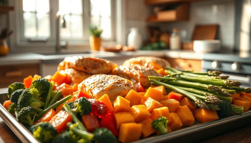 A well-lit kitchen with warm natural lighting streams through large windows, casting a soft glow over an assortment of fresh, colorful ingredients arranged on a sturdy sheet pan. In the foreground, an array of vibrant vegetables - crisp broccoli florets, tender asparagus spears, and sweet potato cubes - are neatly organized. In the middle ground, juicy chicken breasts and seasoned salmon fillets sit atop the vegetables, their golden-brown edges hinting at perfect roasting. The background features a few herbs and spices, their aromatic essence permeating the space. The overall scene exudes a sense of balance, health, and culinary potential, inviting the viewer to imagine the flavorful, nutritious meal that could be crafted from these wholesome ingredients.