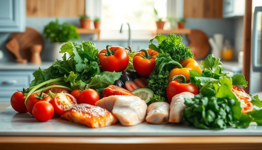 A well-lit kitchen with warm wooden textures and light blue accents. On the countertop, an artful arrangement of fresh, vibrant ingredients: crisp greens, juicy tomatoes, vibrant bell peppers, and succulent proteins like salmon fillets and lean chicken breasts. The lighting casts a soft glow, highlighting the natural colors and textures of the foods. The scene evokes a sense of culinary potential, inviting the viewer to imagine the nourishing and satisfying meal that could be prepared from these wholesome, high-quality components.