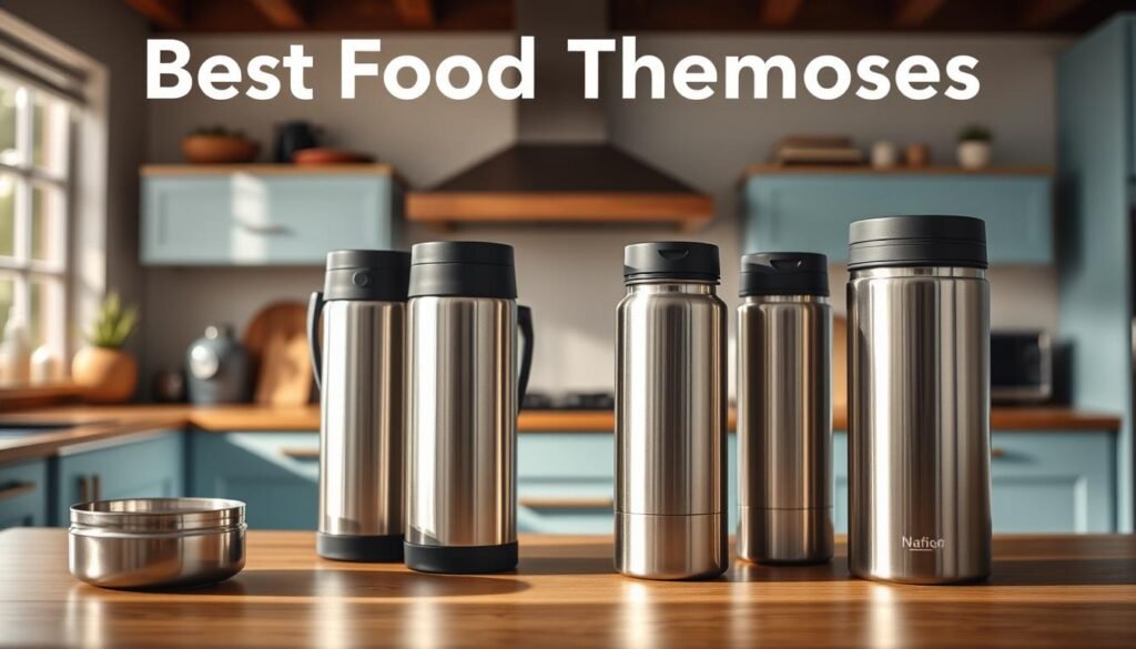 A well-lit kitchen with wooden countertops and light blue accents, showcasing a selection of high-quality food thermoses in various sizes and styles. The thermoses are neatly arranged, their sleek stainless steel bodies and insulated designs prominently displayed, inviting the viewer to compare their features. Soft, natural lighting from windows casts a warm glow, highlighting the thermoses' practical attributes and their potential to keep meals piping hot throughout the workday. The scene conveys a sense of organization and attention to detail, reflecting the article's focus on the "best food thermoses" for office meal prep.