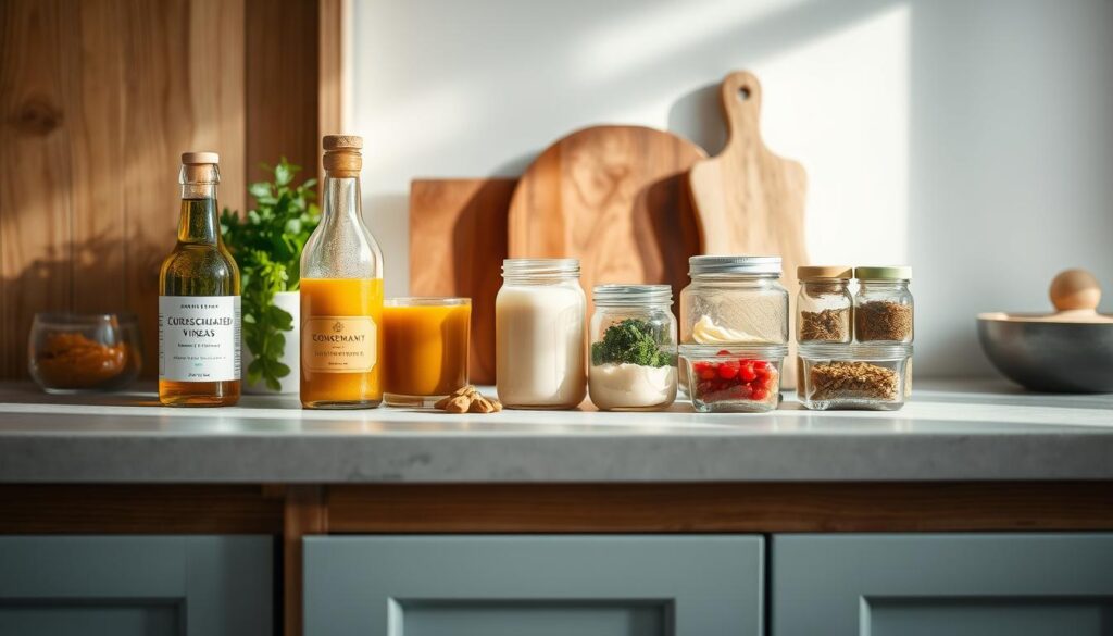 A well-lit, minimal kitchen counter with wooden textures and light blue accents. On the counter, an assortment of homemade condiment recipes are neatly arranged - tangy herb-infused vinegars, creamy cashew-based dressings, vibrant fruit-sweetened compotes, and aromatic spice blends. The scene evokes a sense of clean, wholesome cooking, reflecting the ethos of 