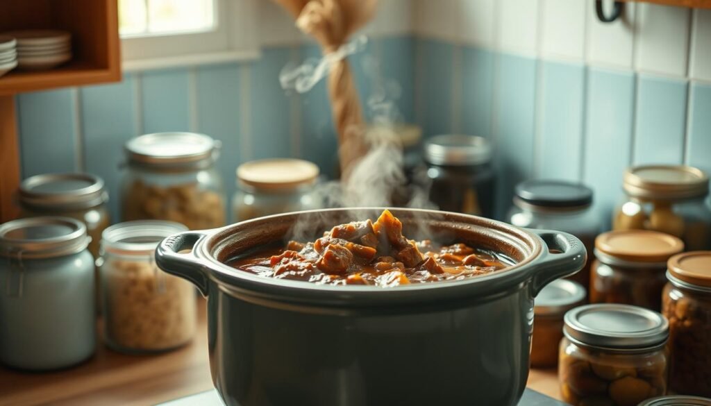 A well-lit, minimal kitchen with light blue accents and natural wooden textures. In the foreground, a large ceramic stew pot with a thick, flavorful stew simmering gently, the steam rising in fragrant wisps. Surrounding the pot, an array of storage jars and containers, their lids sealed tight, preserving the complex flavors of the stew as it continues to develop over time. The lighting, soft and diffused, casts a warm glow, emphasizing the rich colors and textures of the scene. The overall atmosphere is one of calm, anticipation, and the promise of a delicious, comforting meal to come.