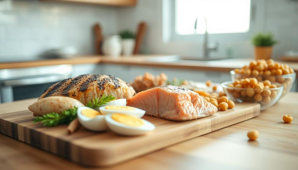 A well-lit, minimal kitchen with warm wooden textures and light blue accents. On a wooden cutting board, an array of lean protein sources including grilled chicken breast, baked salmon filets, hard-boiled eggs, and a bowl of roasted chickpeas. The lighting is soft and natural, highlighting the vibrant colors and clean lines of the setting. The scene conveys the importance of incorporating a variety of high-quality, nutrient-dense proteins into every meal for optimal muscle health and overall well-being.