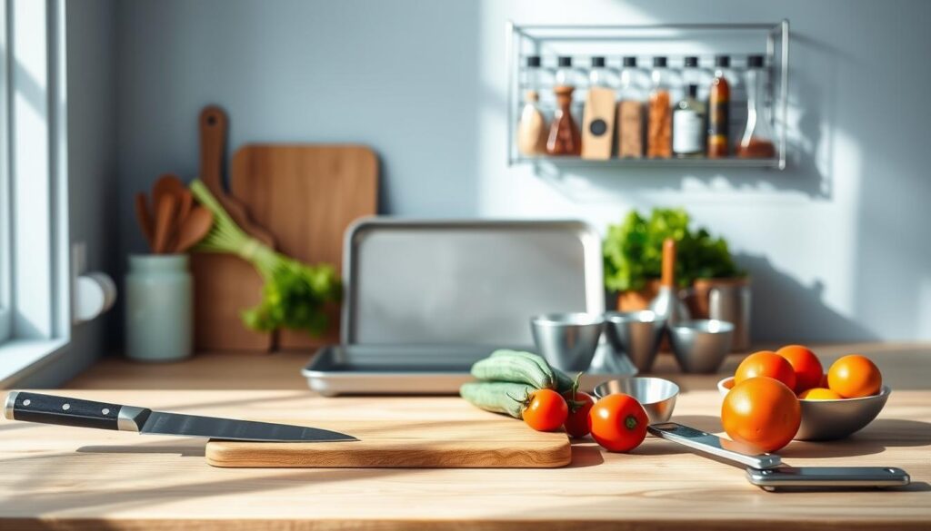 A well-lit, minimal kitchen with wooden textures and light blue accents showcases an array of sheet pan dinner prep tools. In the foreground, a sharp chef's knife, a sturdy cutting board, and a metal measuring spoon set stand ready. In the middle ground, a sleek baking sheet, a bundle of fresh rainbow-colored vegetables, and a set of small prep bowls await. The background features a simple rack holding an assortment of spices and herbs, casting soft shadows across the scene. The overall mood is one of organized efficiency, inviting the viewer to envision the culinary possibilities of a sheet pan dinner.