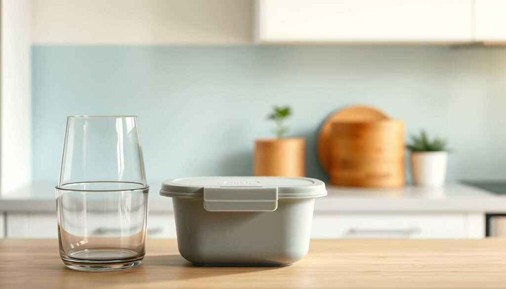 A well-lit, minimalist kitchen counter showcases an assortment of meal containers in various materials. In the foreground, a glass container with a sleek, modern design stands alongside a sturdy, BPA-free plastic option with a textured lid. In the middle ground, a stylish, bamboo-based container with a natural, earthy aesthetic complements the scene. The background features a subtle, light blue accent wall, providing a calming and cohesive backdrop that highlights the diverse material choices. Warm, diffused lighting casts a gentle glow, creating a cozy and inviting atmosphere for this material comparison display.