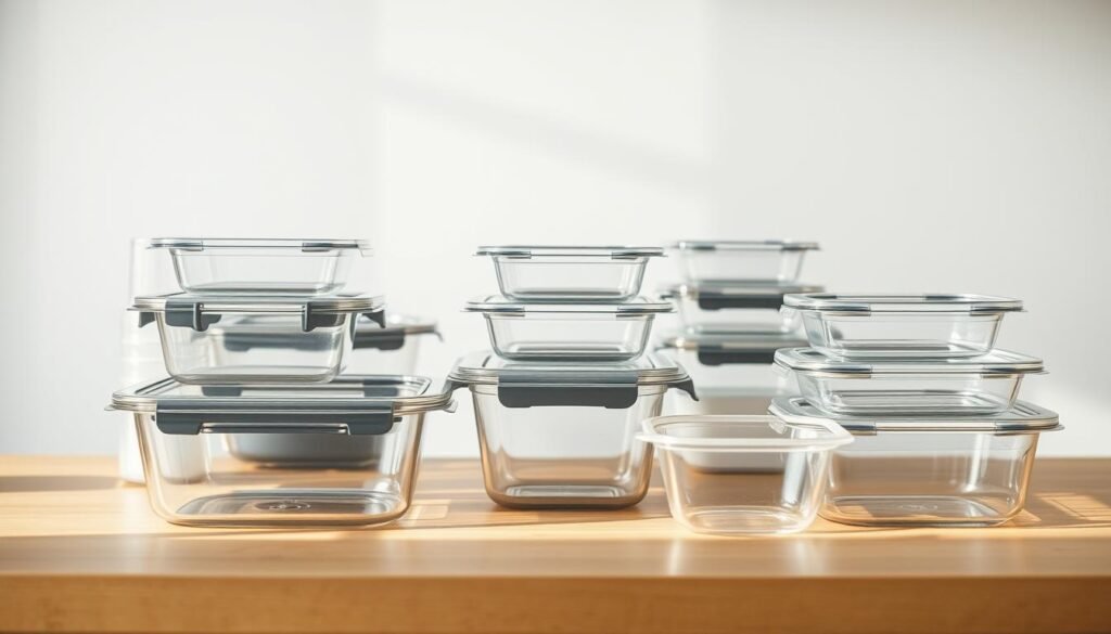A well-lit, minimalist kitchen countertop showcases an array of glass and plastic food storage containers in various sizes and shapes. The glass containers catch the soft, indirect lighting, their transparent surfaces gleaming with a subtle sheen. In contrast, the plastic containers have a matte, slightly textured appearance, casting subtle shadows on the wooden surface beneath. The compositions emphasize the distinct material qualities, inviting the viewer to consider the practical and aesthetic differences between the two types of food storage solutions. The overall scene conveys a sense of calmness and organization, hinting at the thoughtful considerations for batch cook dinner container selection.