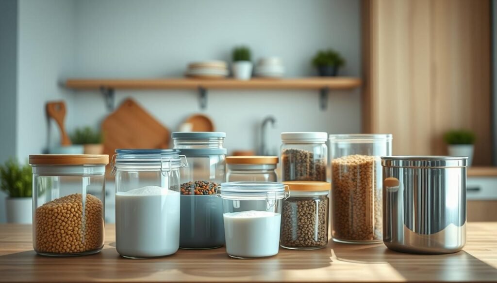A well-lit, minimalist kitchen scene with natural wooden textures and light blue accents. In the foreground, an arrangement of various bulk food containers in different shapes and sizes, made of durable materials like glass, ceramic, and stainless steel. The containers feature simple, clean designs, allowing the contents to take center stage. Sunlight streams in through a nearby window, casting a warm glow over the scene and highlighting the textures of the containers. The overall atmosphere is one of efficiency, sustainability, and a dedication to reducing packaging waste.